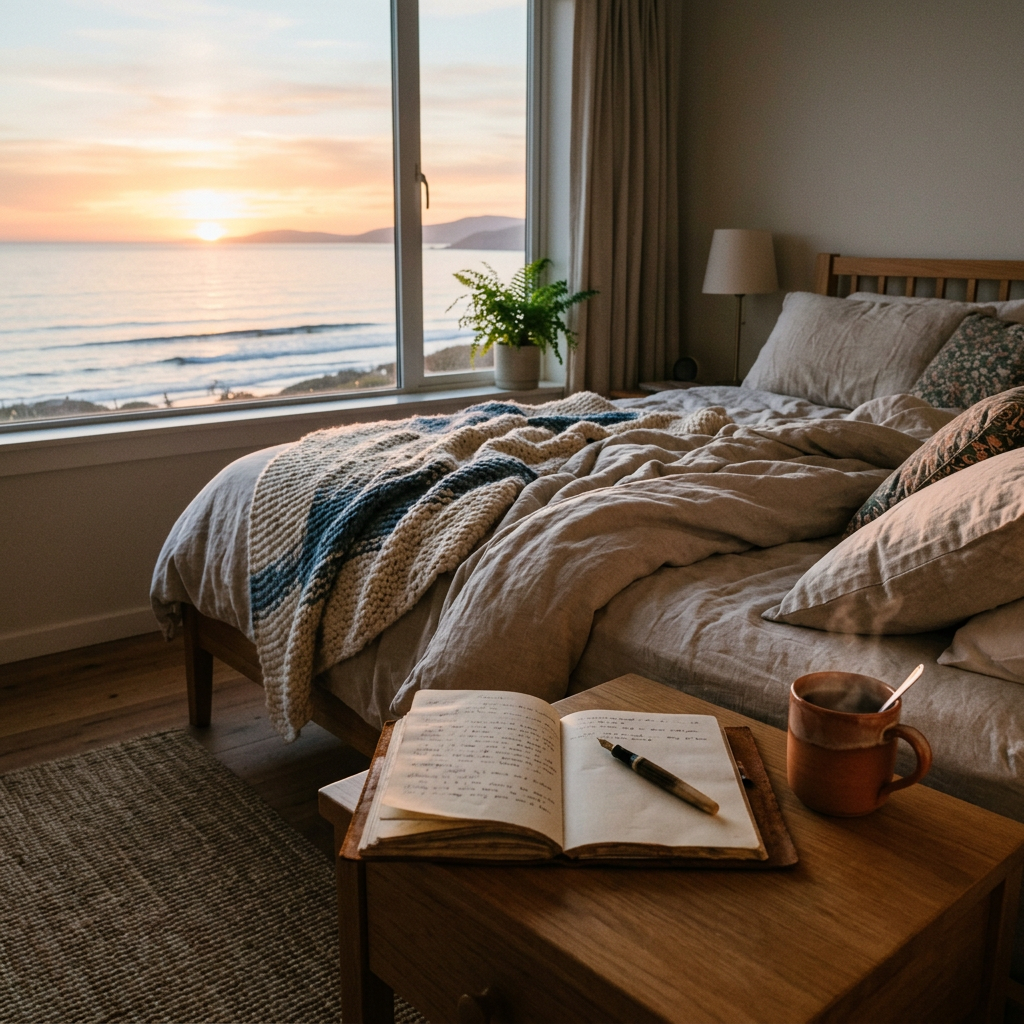 Open journal and coffee beside a bed overlooking the sea at sunset